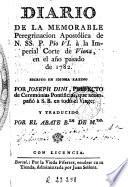Diario de la memorable peregrinacion apostólica de N. SS. P. Pio VI à la imperial corte de Viena, en el año pasado de 1782