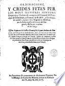 Ordinacions y crides fetes per los Molt Illustres Senyors Deputats y Oydors de Comptes del General del Principat de Cathalunya y comtats de Rossello y Cerdanya, de consell y parer dels Magnifichs Assessors, per la bona exactio dels drets del General y Bolla per lo trienni de 1653, essent deputats ... Francesch Pejoan Ardiaca ..., Elet Ardiaca ... Pere de Padellas ... Agunstí Pinyana ..., y oydors de comptes ... Igmasi de Ripoll ..., Pau Vinyes ... y ... Joan Gabriel ...