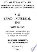 VIII Censo Industrial, 1966. Principales Características por Entidad Federativa, Municipio y Grupo de Actividad. Industria Extractiva y de Transformación. Datos 1965